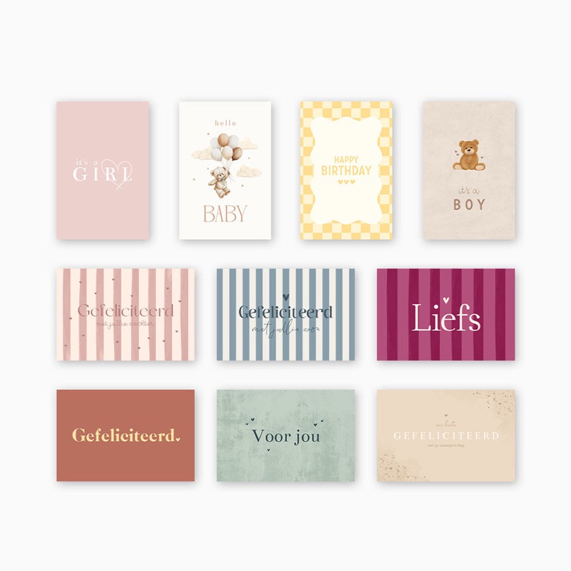 A set of June & Berry greeting cards for baby and family occasions